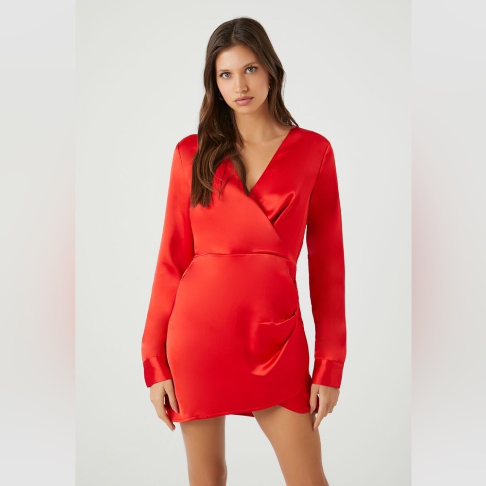 Satin Surplice Tulip-Hem Mini Dress